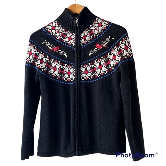 KNIT Navy Blue Corton Zip Front Appliqué Ribbed Sweater Size Small - Picture 1 of 8